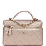 Chanel Top Handle Long Vanity Case with Chain Pink Iridescent Grained Goatskin Gold Hardware - Thumbnail View 1
