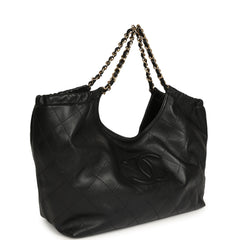 Chanel Small CC Cabas Hobo Bag Black Calfskin Gold Hardware