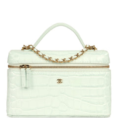 Chanel Top Handle Long Vanity Case with Chain Light Blue Croc Embossed Calfskin Gold Hardware