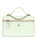 Chanel Top Handle Long Vanity Case with Chain Light Blue Croc Embossed Calfskin Gold Hardware - Thumbnail View 1