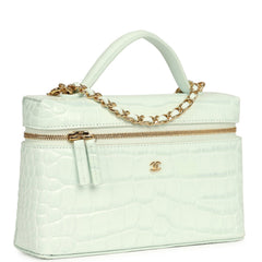Chanel Top Handle Long Vanity Case with Chain Light Blue Croc Embossed Calfskin Gold Hardware