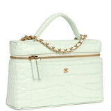 Chanel Top Handle Long Vanity Case with Chain Light Blue Croc Embossed Calfskin Gold Hardware - Thumbnail View 2