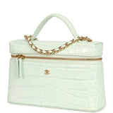 Chanel Top Handle Long Vanity Case with Chain Light Blue Croc Embossed Calfskin Gold Hardware - Thumbnail View 5
