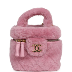 Pre-owned Chanel Small Top Handle Square Vanity Case With Chain Pink Shearling Lambskin Gold Hardware