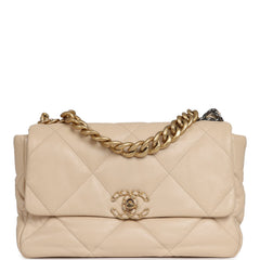 Pre-owned Chanel Large 19 Flap Bag Beige Shiny Lambskin Mixed Metal Hardware