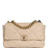 Pre-owned Chanel Large 19 Flap Bag Beige Shiny Lambskin Mixed Metal Hardware - Thumbnail View 1