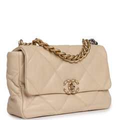 Pre-owned Chanel Large 19 Flap Bag Beige Shiny Lambskin Mixed Metal Hardware