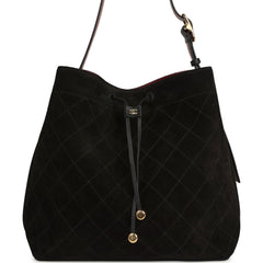 Chanel Large "CC Loop" Drawstring Bucket Bag with Leather Strap Black Suede Gold Hardware
