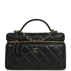 Chanel Top Handle Long Vanity Case with Chain Black Lambskin Light Gold Hardware