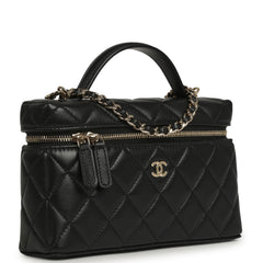 Chanel Top Handle Long Vanity Case with Chain Black Lambskin Light Gold Hardware