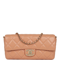 Chanel East West CC Pearl Clutch with Chain Beige Shiny Lambskin Gold Hardware