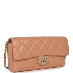 Chanel East West CC Pearl Clutch with Chain Beige Shiny Lambskin Gold Hardware