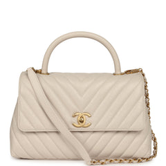 Chanel Medium Chevron Coco Handle Ivory Aged Calfskin Antique Gold Hardware