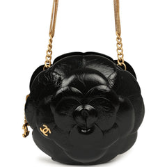 Chanel Camellia Round Clutch with Chain Black Patent Aged Calfskin Brushed Gold Hardware
