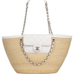 Chanel Large Shopping Tote Bag Light Beige Raffia, White Lambskin Light Gold Hardware