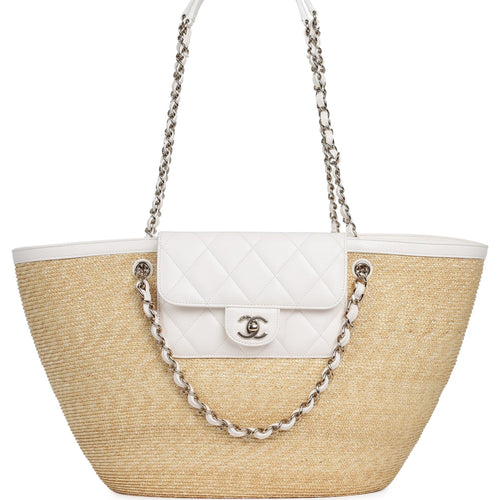 Chanel Large Shopping Tote Bag Light Beige Raffia, White Lambskin Light Gold Hardware