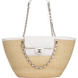 Chanel Large Shopping Tote Bag Light Beige Raffia, White Lambskin Light Gold Hardware - Thumbnail View 1