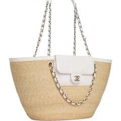 Chanel Large Shopping Tote Bag Light Beige Raffia, White Lambskin Light Gold Hardware