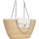 Chanel Large Shopping Tote Bag Light Beige Raffia, White Lambskin Light Gold Hardware - Thumbnail View 2