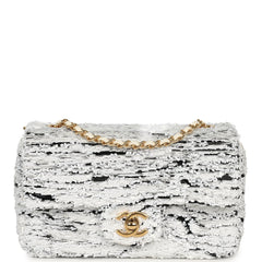 Chanel Mini Rectangular Flap Bag White, Black Sequins Gold Hardware