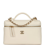 Chanel "Supple" Top Handle Long Vanity Case with Chain White Grained Calfskin Gold Hardware - Thumbnail View 1