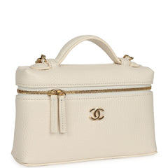 Chanel "Supple" Top Handle Long Vanity Case with Chain White Grained Calfskin Gold Hardware