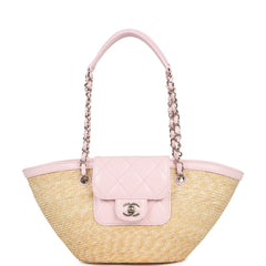 Chanel Small Shopping Tote Bag Beige Raffia and Light Pink Lambskin Light Gold Hardware