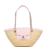 Chanel Small Shopping Tote Bag Beige Raffia and Light Pink Lambskin Light Gold Hardware - Thumbnail View 1