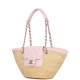 Chanel Small Shopping Tote Bag Beige Raffia and Light Pink Lambskin Light Gold Hardware - Thumbnail View 5