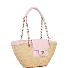 Chanel Small Shopping Tote Bag Beige Raffia and Light Pink Lambskin Light Gold Hardware
