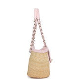 Chanel Small Shopping Tote Bag Beige Raffia and Light Pink Lambskin Light Gold Hardware - Thumbnail View 3