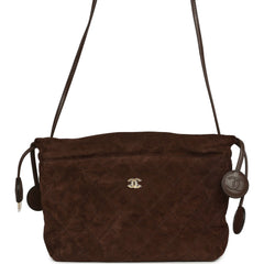 Chanel CC Drawstring Clutch Bag with Leather Strap Dark Brown Suede Gold Hardware