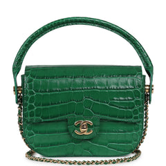 Chanel Mini Top Handle "Turn Around" Flap Bag Green Croc Embossed Calfskin Gold Hardware