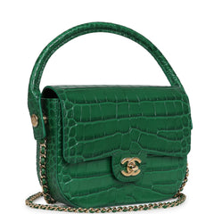 Chanel Mini Top Handle "Turn Around" Flap Bag Green Croc Embossed Calfskin Gold Hardware