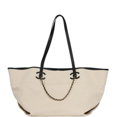 Chanel Large CC Shopping Tote Bag Ecru Canvas, Black Calfskin Gold Hardware