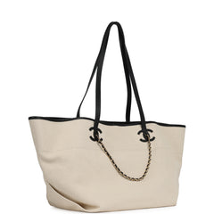 Chanel Large CC Shopping Tote Bag Ecru Canvas, Black Calfskin Gold Hardware