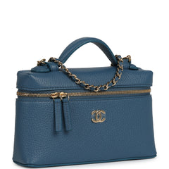 Chanel "Supple" Top Handle Long Vanity Case with Chain  Dark Blue Grained Calfskin Gold Hardware