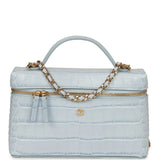 Chanel Top Handle Long Vanity Case with Chain Light Blue Croc Embossed Calfskin Gold Hardware - Thumbnail View 1