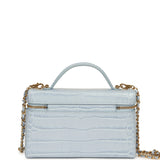 Chanel Top Handle Long Vanity Case with Chain Light Blue Croc Embossed Calfskin Gold Hardware - Thumbnail View 4