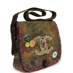 Pre-owned Chanel Small "On The Pavements" Messenger Bag Dark Khaki, Multicolor Graffiti Canvas Antique Silver Hardware