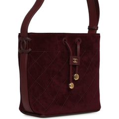 Chanel Small "CC Loop" Drawstring Bucket Bag with Leather Strap Dark Burgundy Suede, Calfskin Gold Hardware