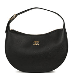 Chanel Round Top Handle Hobo Bag Black Grained Calfskin Gold Hardware