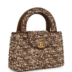 Chanel Small Beaded Kelly Brown, White Sequin, Fabric Brushed Gold Hardware