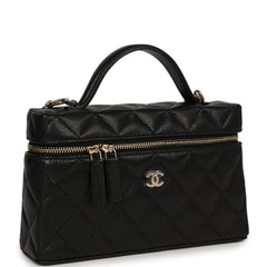 Chanel Top Handle Long Vanity Case with Chain Black Caviar Light Gold Hardware