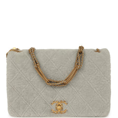 Chanel Medium Flap Bag Grey Shearling Antique Gold Hardware