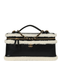 Chanel Top Handle Long Vanity Case with Chain Black Aged Calfskin, Ecru Shearling Gold Hardware