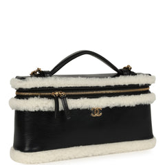 Chanel Top Handle Long Vanity Case with Chain Black Aged Calfskin, Ecru Shearling Gold Hardware