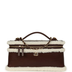 Chanel Top Handle Long Vanity Case with Chain Dark Brown Aged Calfskin, Ecru Shearling Gold Hardware