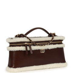 Chanel Top Handle Long Vanity Case with Chain Dark Brown Aged Calfskin, Ecru Shearling Gold Hardware