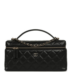 Chanel East West Top Handle Long Vanity Case with Chain Black Caviar Light Gold Hardware